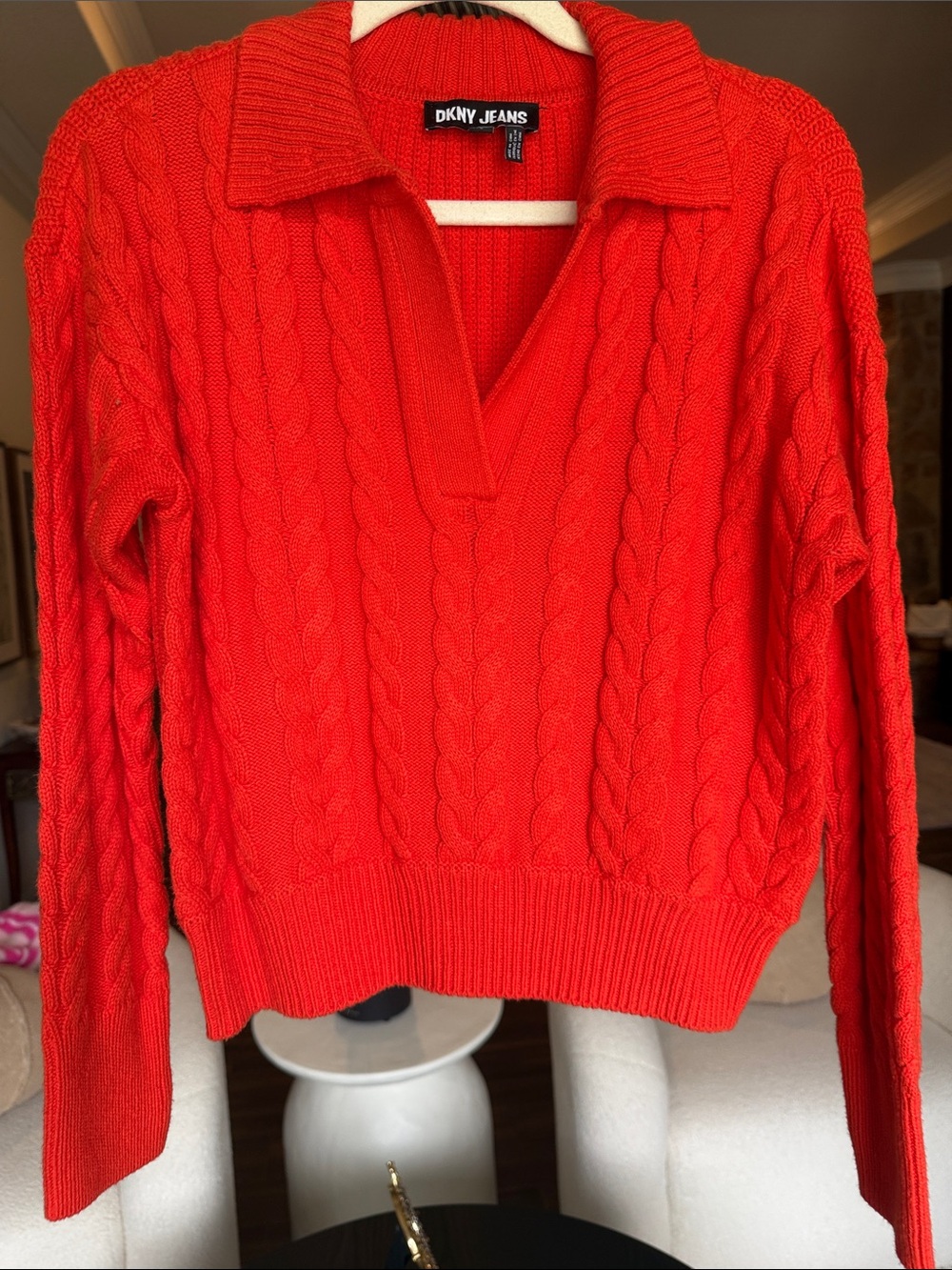 Dkny Women's Bright Red Cable-Knit Polo V-Neck Sweater